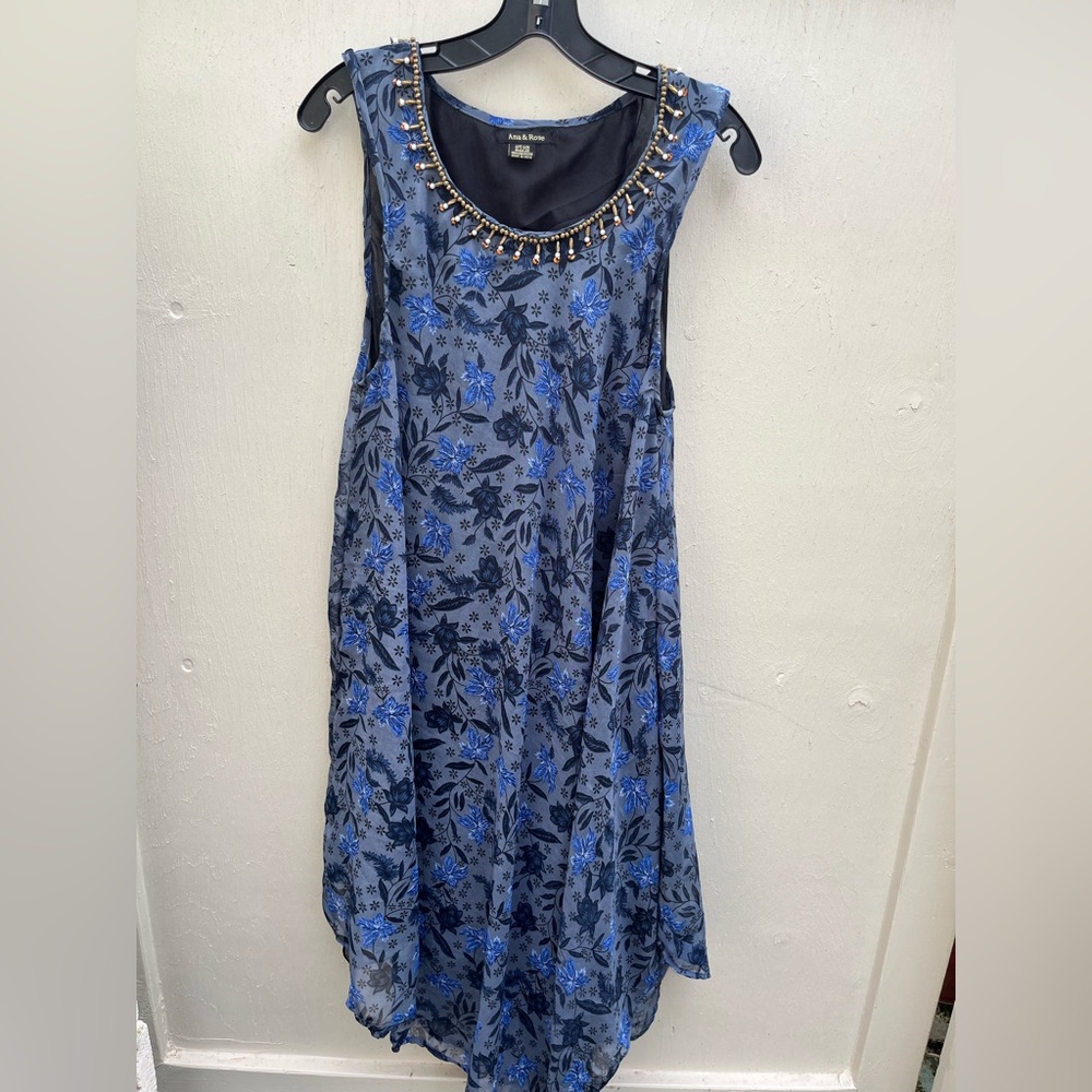 Embellished Scoop-Neck Blue Floral Midi Dress